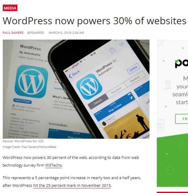 Image shows a blog post titled "WordPress now powers 30% of websites", which begins "WordPress now powers 30 percent of the web, according to data from web technology survey firm W3Techs. This represents a  percentage point increase in nearly two and a half years after WordPress hit the 25 percent mark in November 2015."